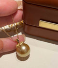 DA. Golden South Sea Pearl Pendant Necklace for Women, 12-14mm Round Pearl Pendant, Lucky Persimmon Design, Elegant Bridal Jewelry Gift