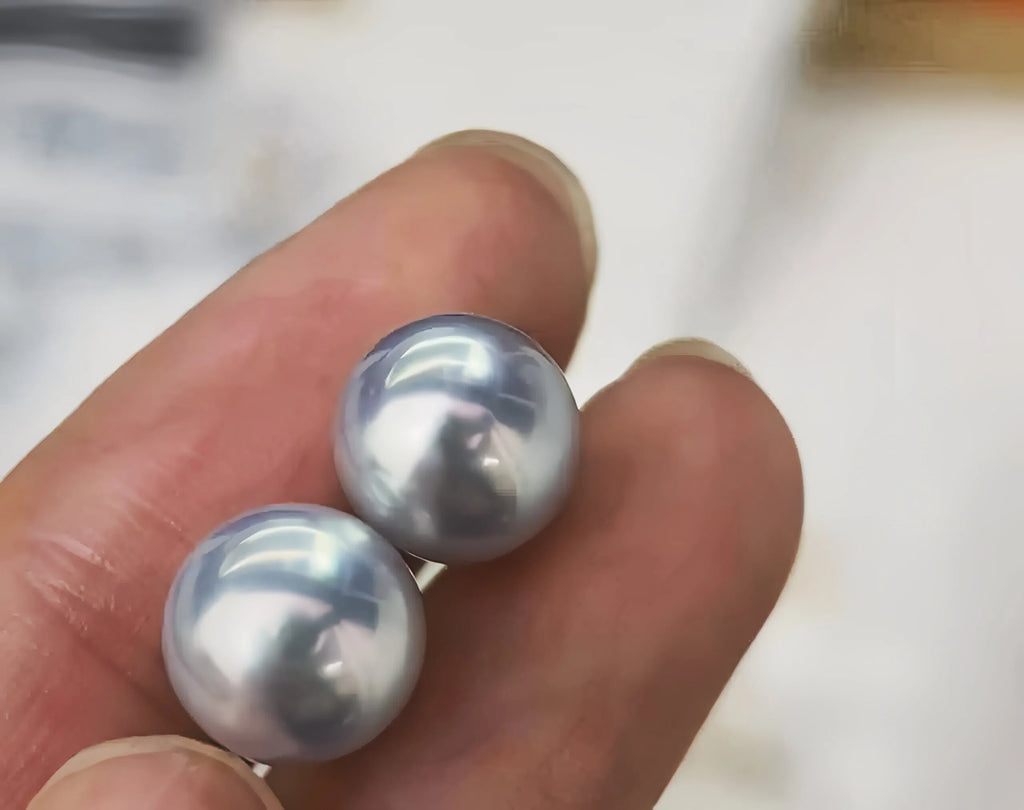 DA   11-12mm Silver Blue South Sea Pearl Pair, High Luster Round Australian White Pearl, Natural Color Loose Gemstones for Earrings Setting