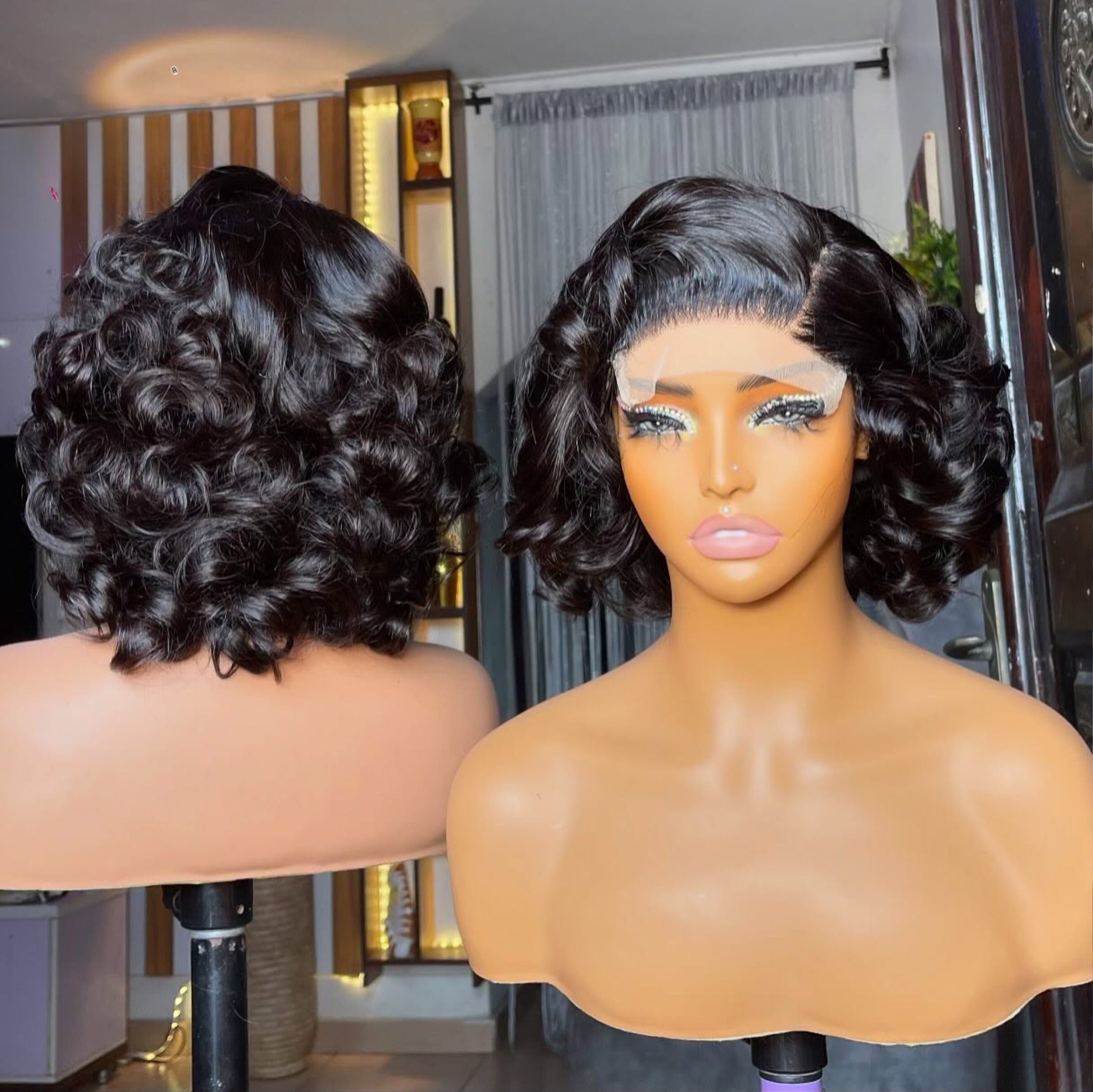 X2  12 Inch Short Curly Bob Human Hair Lace Wig, Glueless HD Lace Wig for Black Women, Pre-Plucked Natural Hairline, 100% Virgin Human Hair, Heat-Stylable, Multiple Color Options