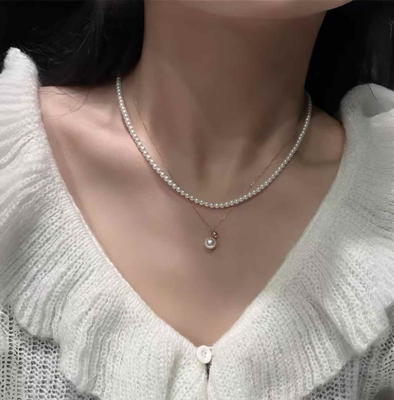 DA 2PCS Layered Pearl Necklace Set, 3-4mm Baby Pearl Choker + 8-8.5mm Akoya Style Pendant, Minimalist Elegant Pearl Jewelry for Women