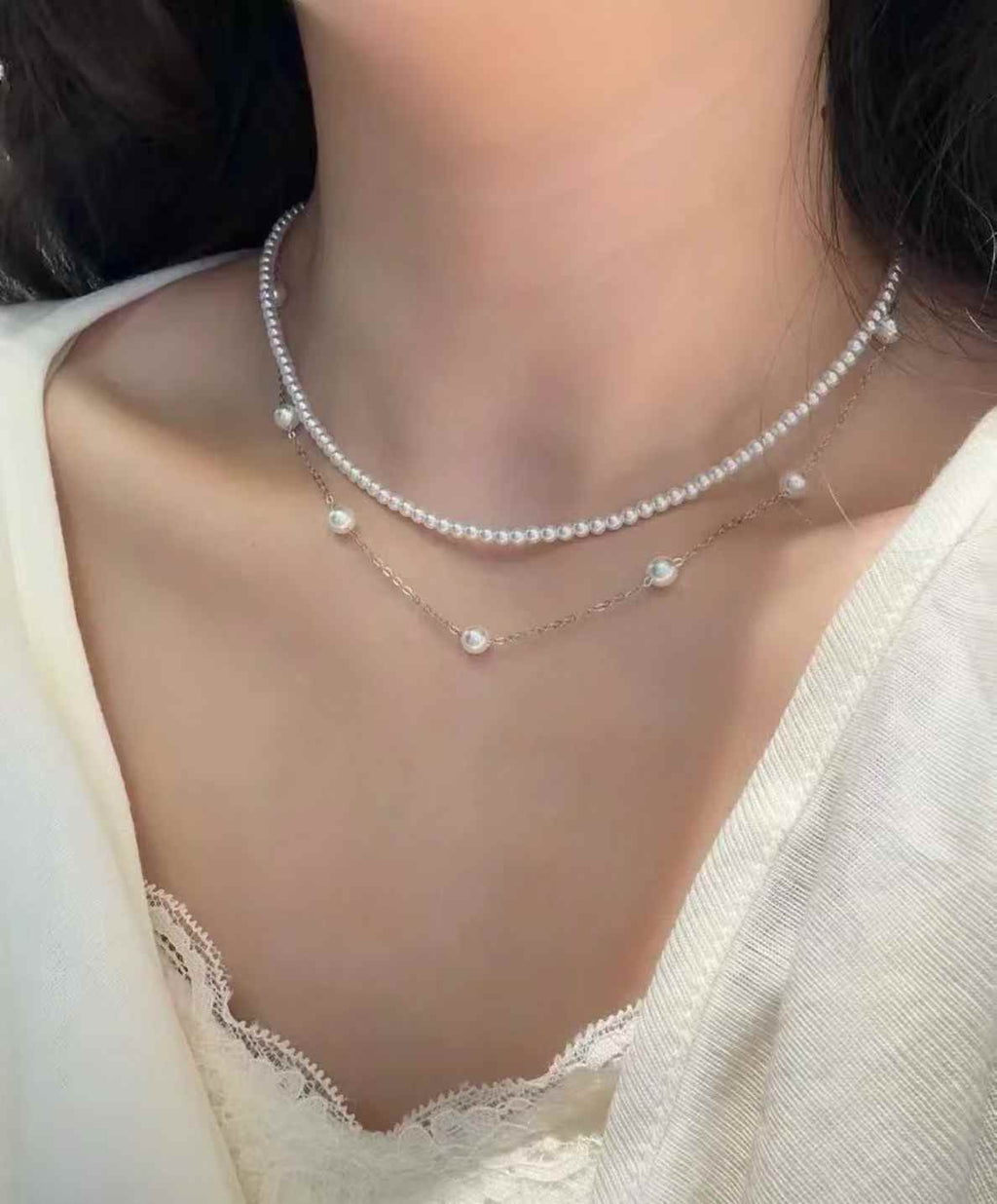 DA  Double Layer Pearl Choker Necklace, 3-4mm + 5-6mm High Luster Freshwater Pearls, Dainty Layered Silver Necklace for Spring Summer, Trendy Pearl Jewelry