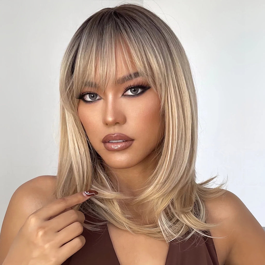 Yuna2 Long Straight Synthetic Wig with Bangs, Natural Black Brown Ombre Wig for Women, Heat Resistant Fiber, Natural Looking, Daily Party Wear