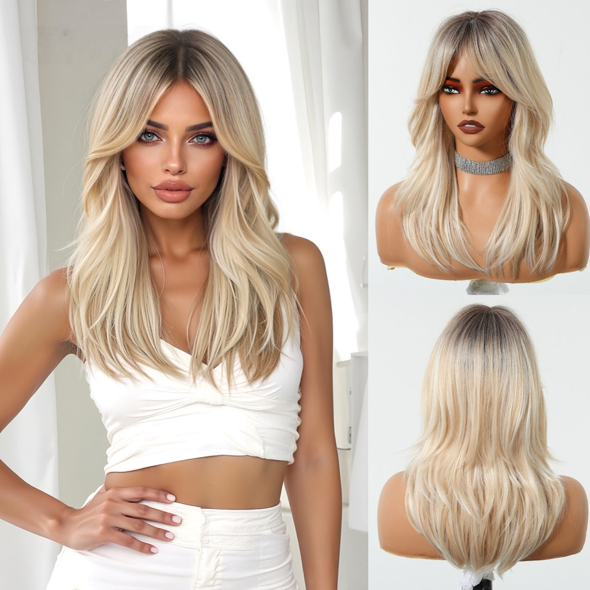 LANA-3  Long Layered Wavy Synthetic Wig with Bangs, Ombre Ash Brown Blonde Wig for Women, Heat Resistant Fiber, Natural Looking, Daily & Party Wear
