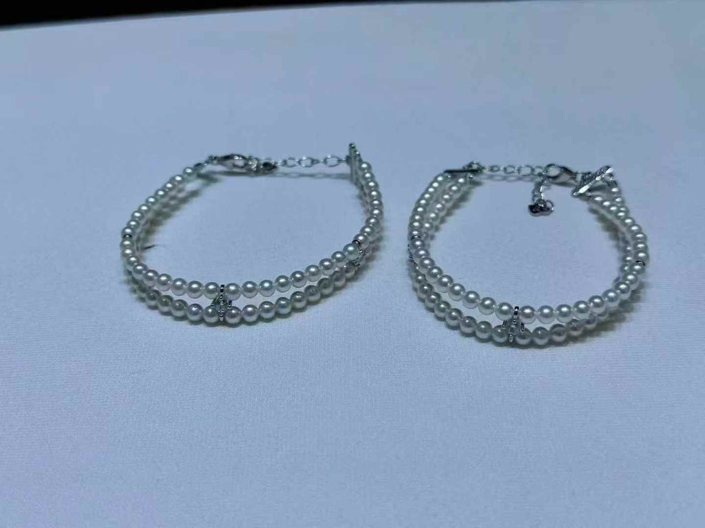 DA.   3-4mm Double Strand Pearl Bracelet, High Luster Round Freshwater Pearl, Dainty S925 Silver Jewelry, Near Flawless Everyday Bracelet for Women