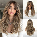 Yuan4 Long Wavy Synthetic Wig with Bangs, Ombre Ash Brown Blonde Wig for Women, Heat Resistant Fiber, Natural Looking, Daily & Party Wear