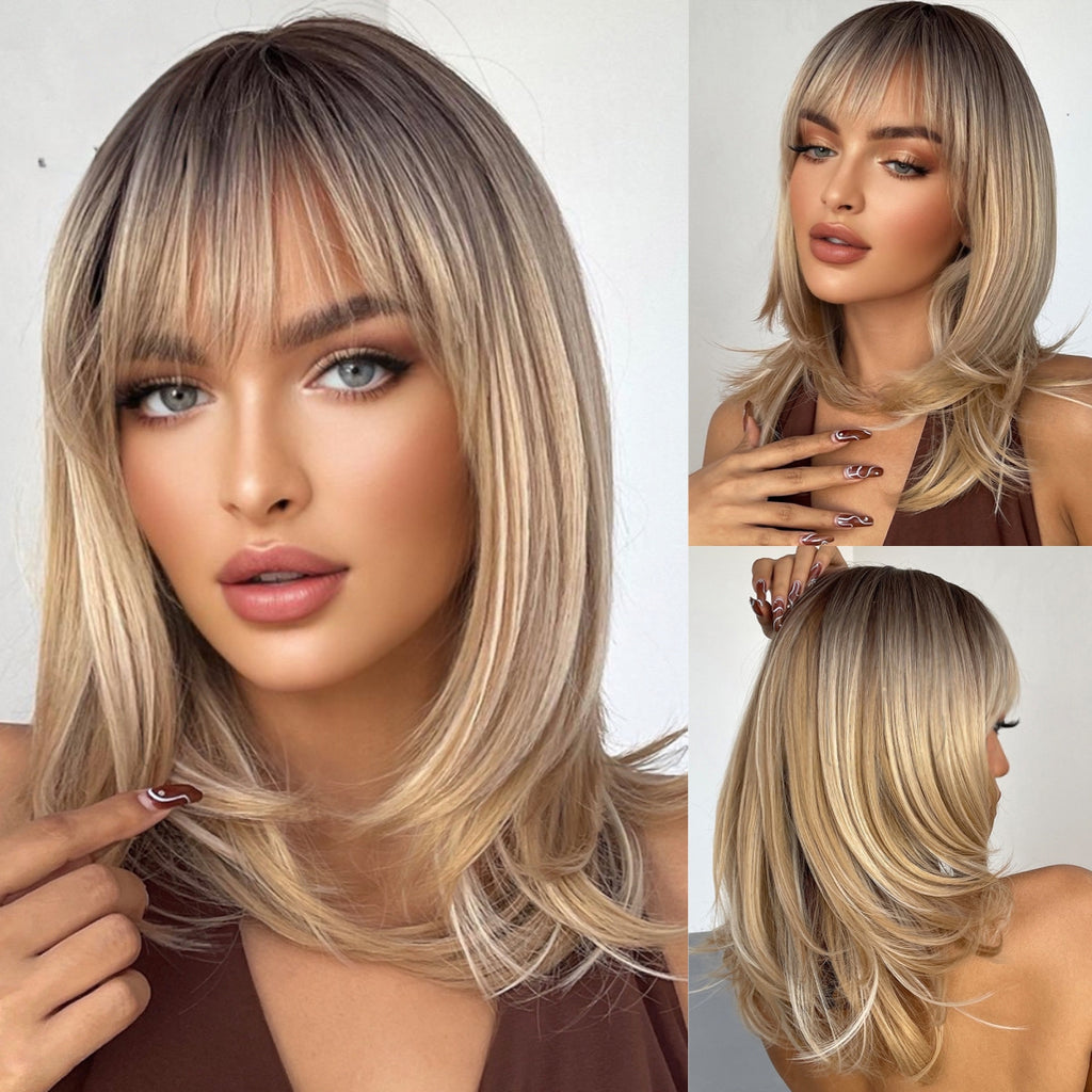 Yuna2 Long Straight Synthetic Wig with Bangs, Natural Black Brown Ombre Wig for Women, Heat Resistant Fiber, Natural Looking, Daily Party Wear
