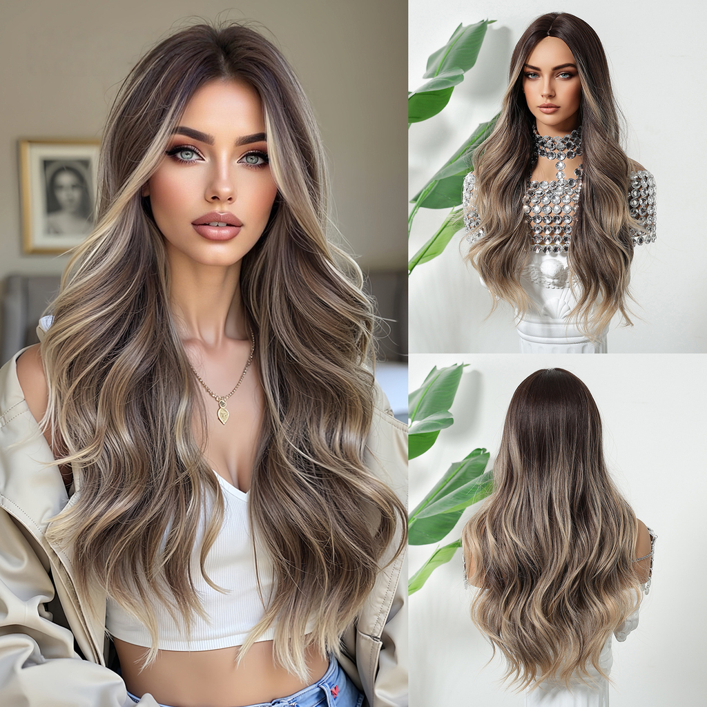 LANA-1  Long Wavy Synthetic Wig for Women, 24-26 Inch Middle Part, Heat Resistant High-Temperature Fiber, Natural Looking Wig