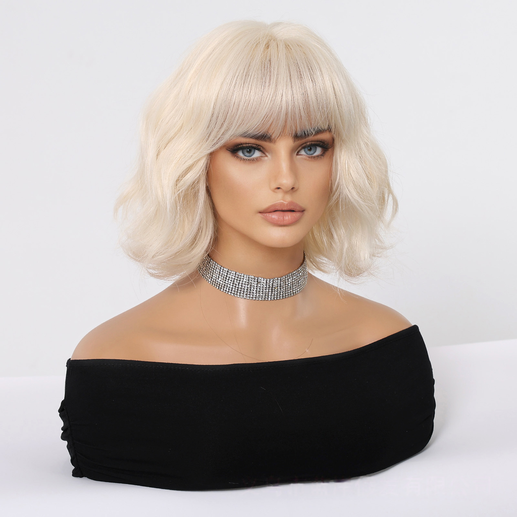LANA-2  Platinum Blonde Short Bob Wig with Bangs, Straight Synthetic Wig for Women, Heat Resistant, Natural Looking Daily Party Wig