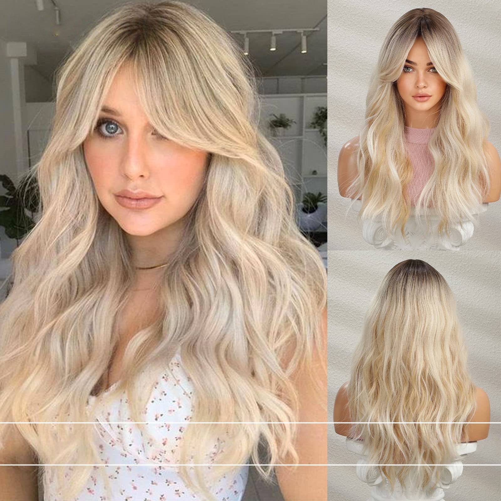 LANA-3  Long Layered Wavy Synthetic Wig with Bangs, Ombre Ash Brown Blonde Wig for Women, Heat Resistant Fiber, Natural Looking, Daily & Party Wear