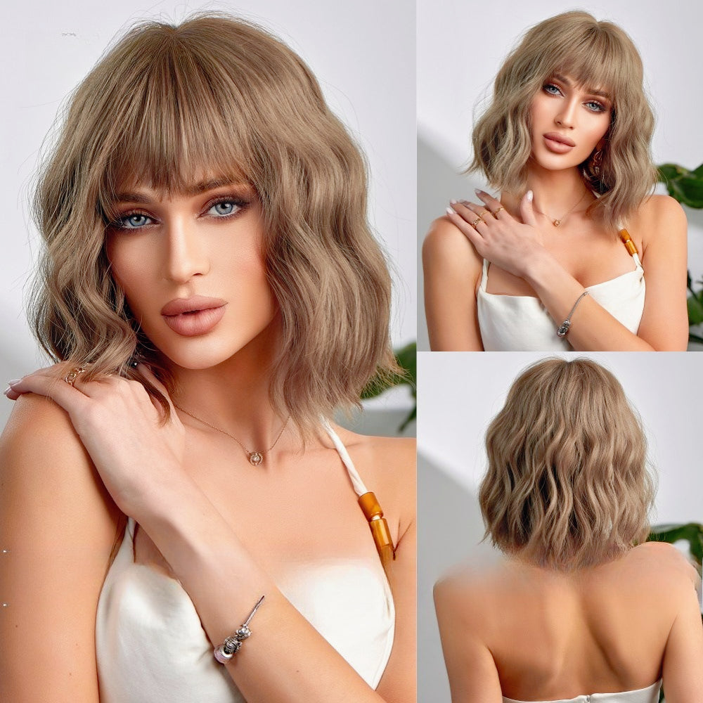 LANA-4  14 Inch Short Curly Bob Wig with Bangs, Natural Wavy Synthetic Wig for Women, Heat Resistant Fiber, Glueless Daily Party Wig, Lightweight & Breathable