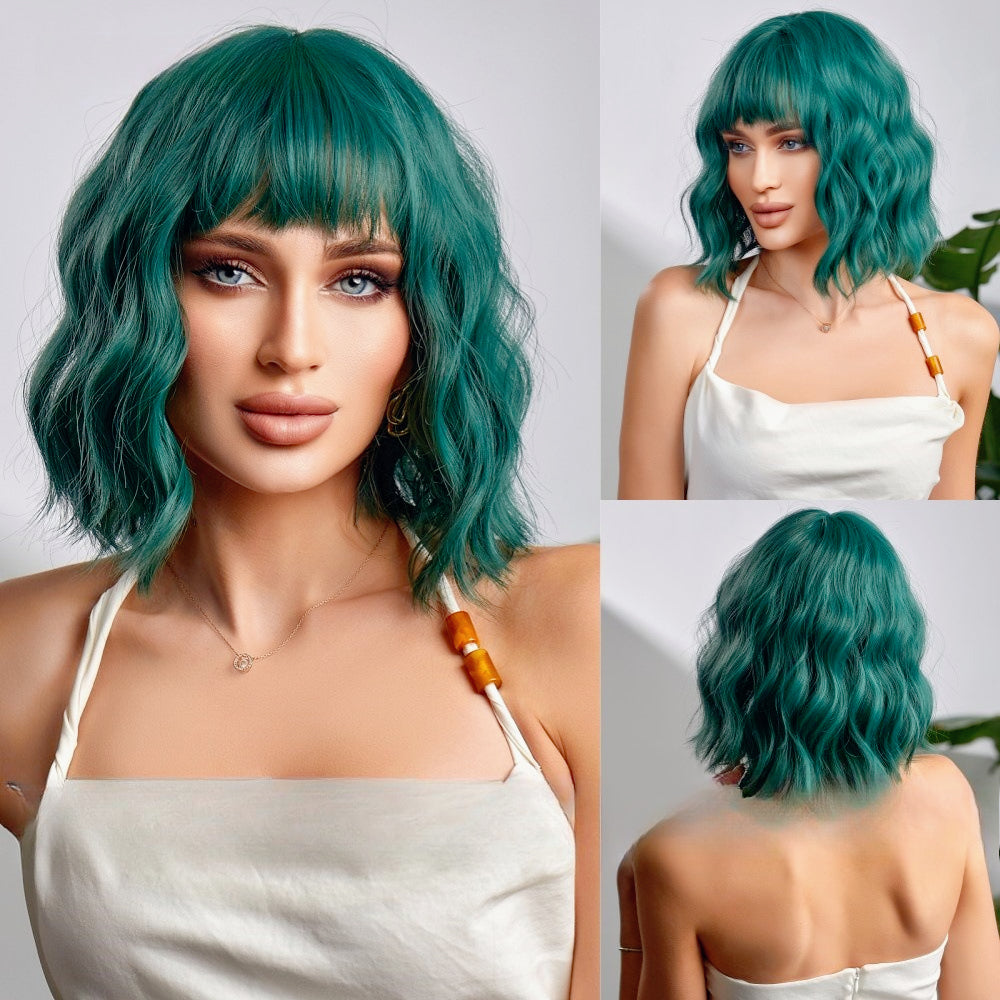 LANA-4  14 Inch Short Curly Bob Wig with Bangs, Natural Wavy Synthetic Wig for Women, Heat Resistant Fiber, Glueless Daily Party Wig, Lightweight & Breathable