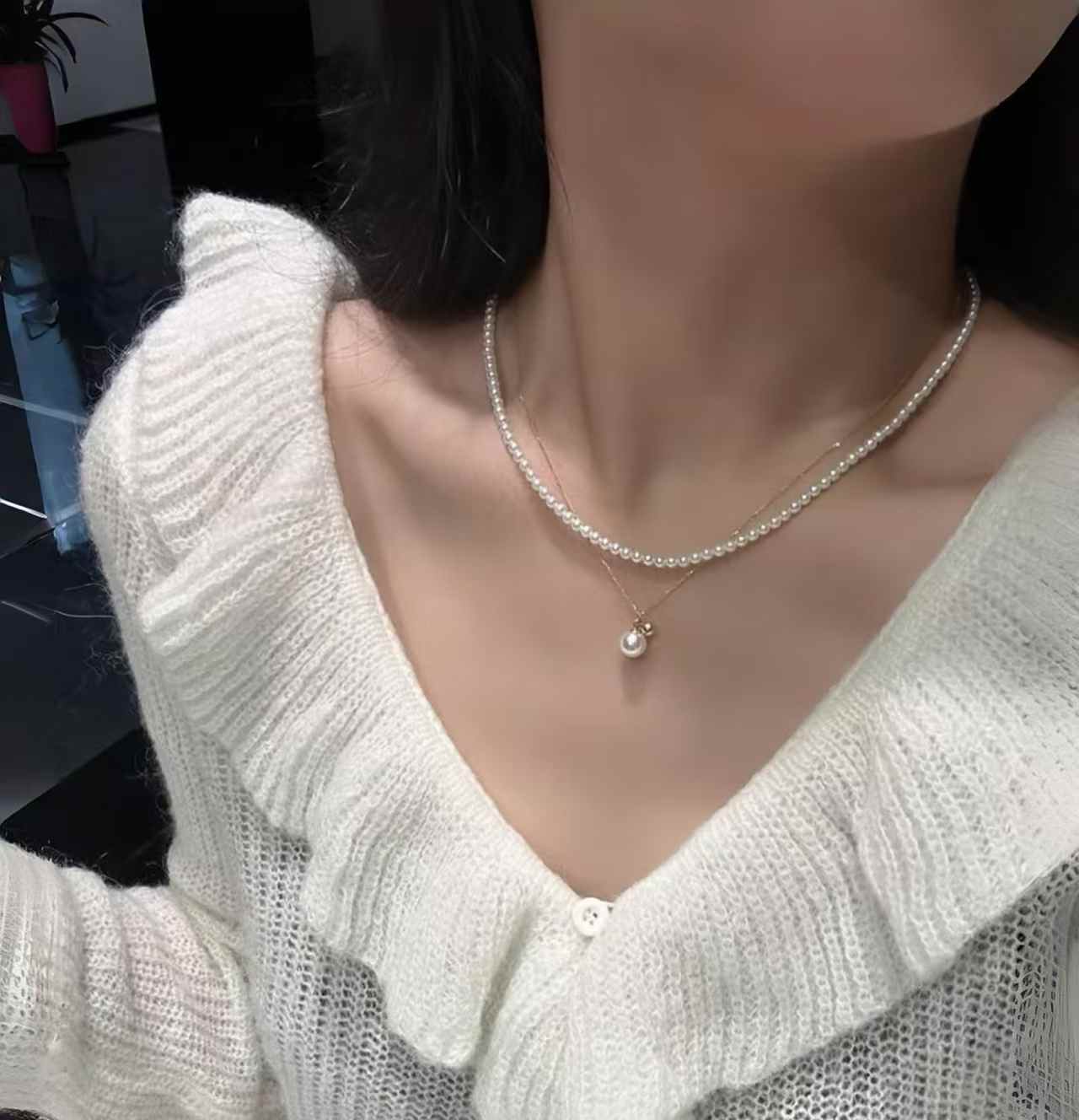 DA 2PCS Layered Pearl Necklace Set, 3-4mm Baby Pearl Choker + 8-8.5mm Akoya Style Pendant, Minimalist Elegant Pearl Jewelry for Women