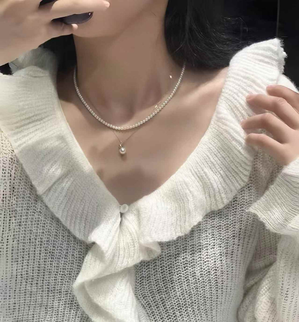 DA 2PCS Layered Pearl Necklace Set, 3-4mm Baby Pearl Choker + 8-8.5mm Akoya Style Pendant, Minimalist Elegant Pearl Jewelry for Women
