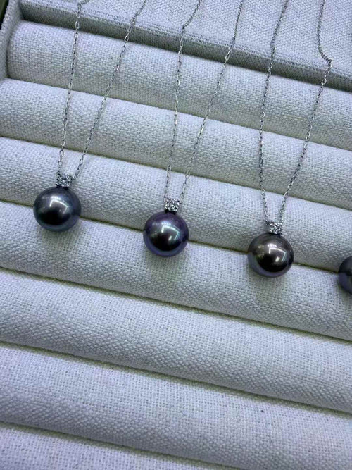 DA  10-11mm Edison Black Pearl Pendant Necklace, High Luster "Tahitian Look-Alike" Pearl, Round Near Flawless Freshwater Pearl, S925 Sterling Silver Jewelry for Women