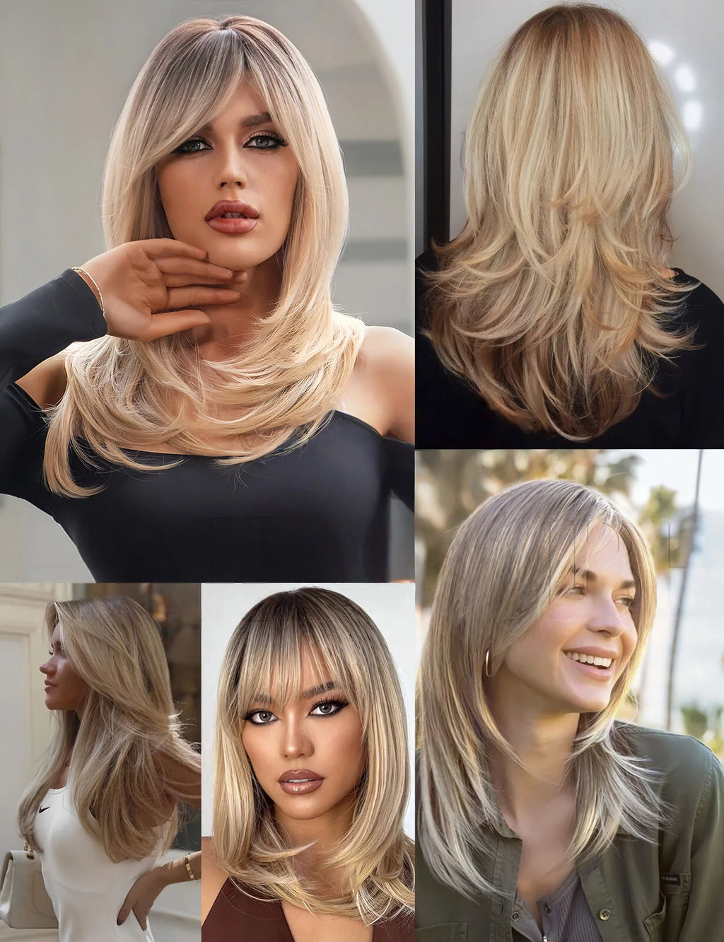 Yuna2 Long Straight Synthetic Wig with Bangs, Natural Black Brown Ombre Wig for Women, Heat Resistant Fiber, Natural Looking, Daily Party Wear