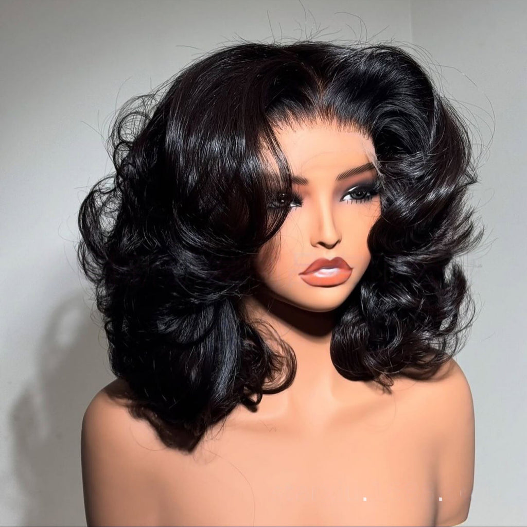X8 100% Human Hair Bouncy Curly Lace Front Wig, Full Hand-Tied Double Drawn Pre Plucked Natural Wig, Versatile Bangs & Re-stylable Curly Wig for Women