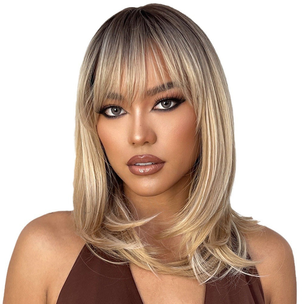 Yuna2 Long Straight Synthetic Wig with Bangs, Natural Black Brown Ombre Wig for Women, Heat Resistant Fiber, Natural Looking, Daily Party Wear