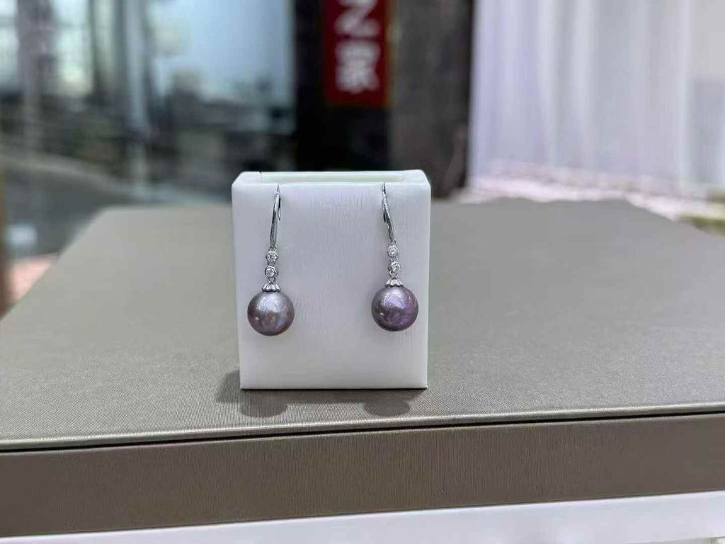 DA  10-11mm Natural Purple Pearl Drop Earrings, High Luster Round Freshwater Pearl Earrings, Elegant Statement Earrings for Women