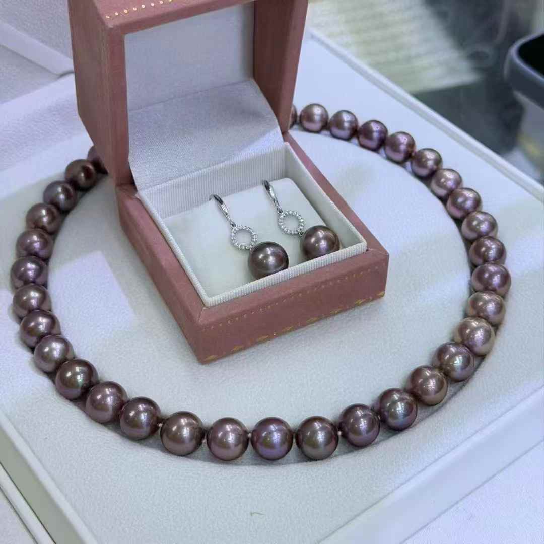 DA. 11-12mm Edison Purple Pearl Strand Necklace, High Luster Lavender Pearl Choker, Round Near Flawless Freshwater Pearl Jewelry for Women
