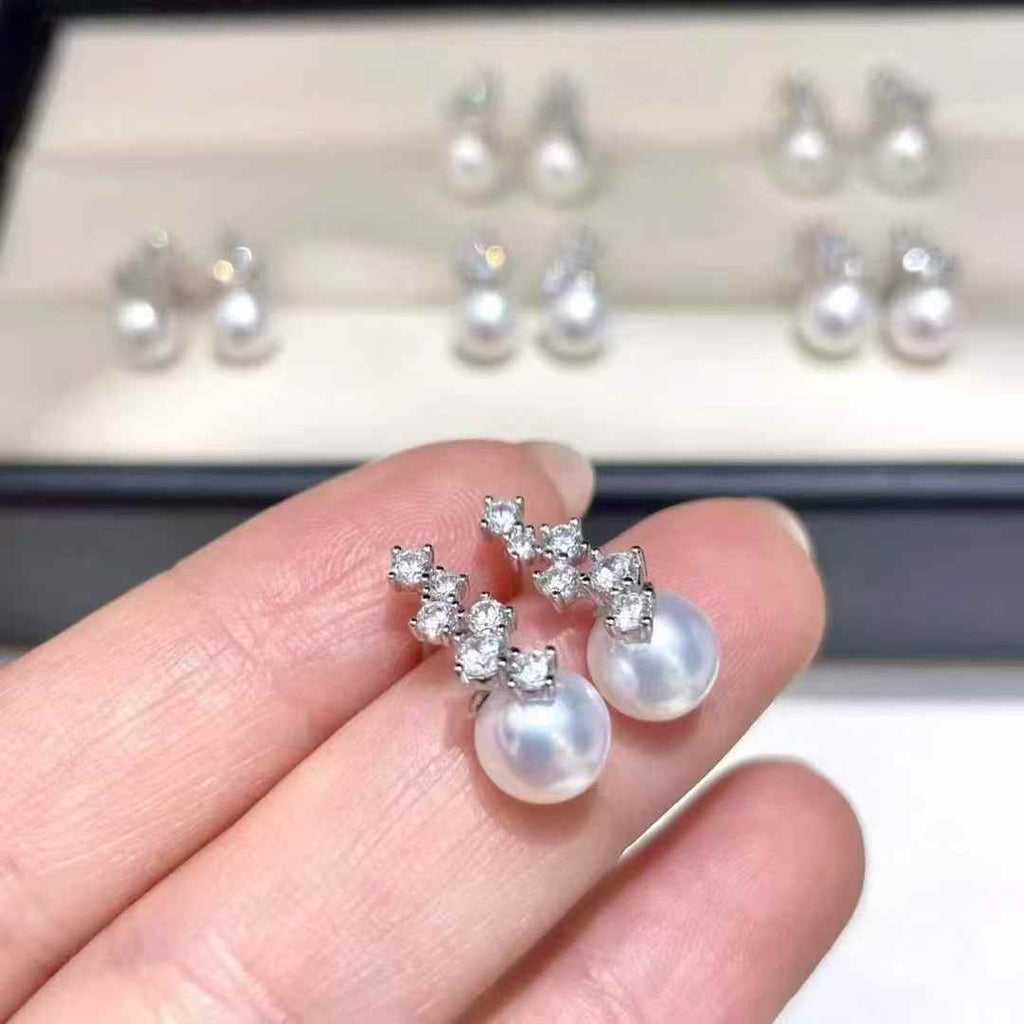 DA. 7-8mm Mikimoto Inspired Pearl Earrings, High Luster Near Flawless Freshwater Studs, Luxury Designer Look-Alike Silver Earrings for Women