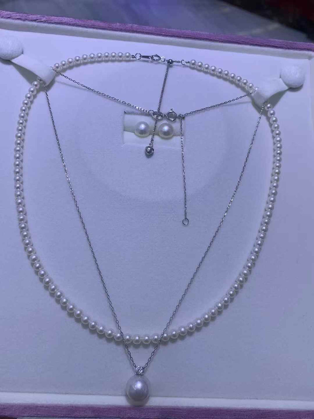 DA12 3-Piece Pearl Jewelry Set, 3-4mm Choker + 7-8mm Studs + 9-10mm Pendant, Freshwater Pearl Set with S925 Silver