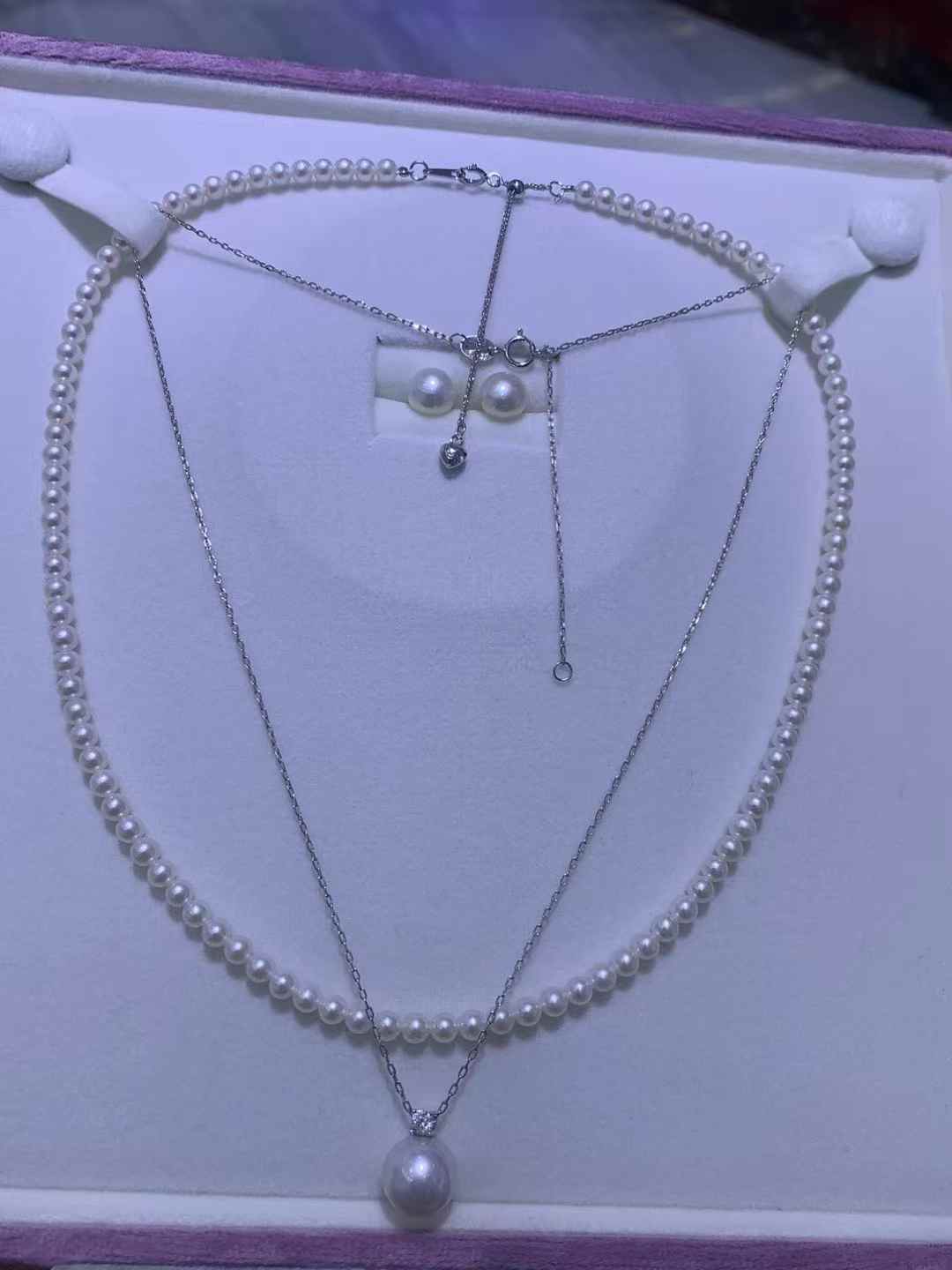 DA12 3-Piece Pearl Jewelry Set, 3-4mm Choker + 7-8mm Studs + 9-10mm Pendant, Freshwater Pearl Set with S925 Silver