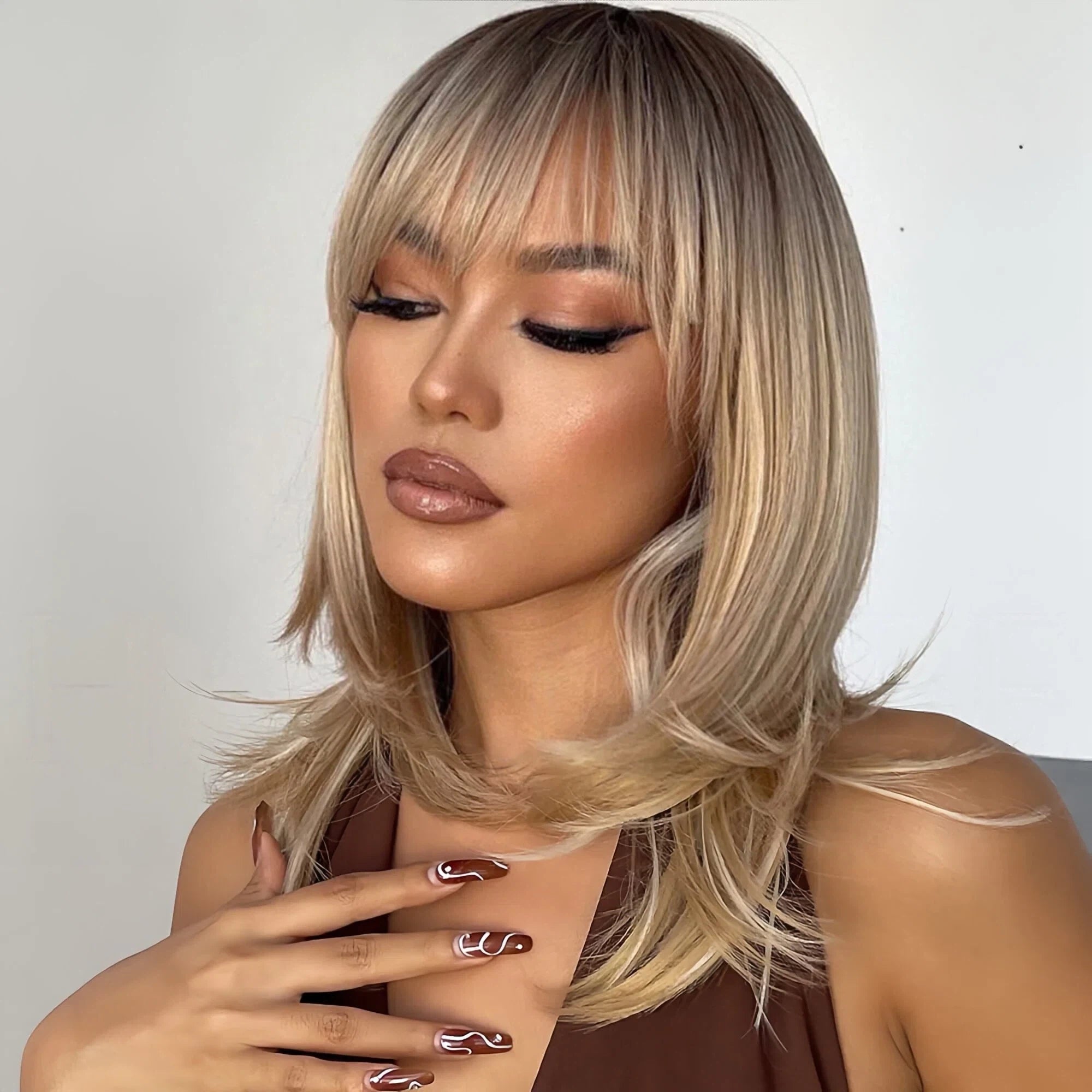 Yuna2 Long Straight Synthetic Wig with Bangs, Natural Black Brown Ombre Wig for Women, Heat Resistant Fiber, Natural Looking, Daily Party Wear