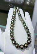 DA. 8-10mm PSL Lagoon SS Grade Peacock Green Tahitian Pearl Necklace, Full Strand High Luster Seawater Pearl Chain, Natural Peacock Green Aurora Pearl Jewelry for Women