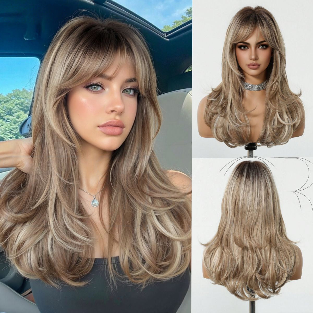 LANA-3  Long Layered Wavy Synthetic Wig with Bangs, Ombre Ash Brown Blonde Wig for Women, Heat Resistant Fiber, Natural Looking, Daily & Party Wear