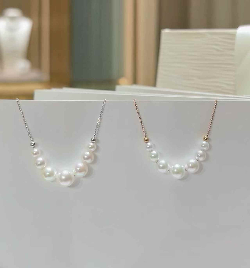 DA  Smile Arc Pearl Necklace, 4-9mm High Luster Freshwater Pearl Choker, Cute Pinkish Pearl "Bulb" Necklace, Elegant Collarbone Jewelry for Women