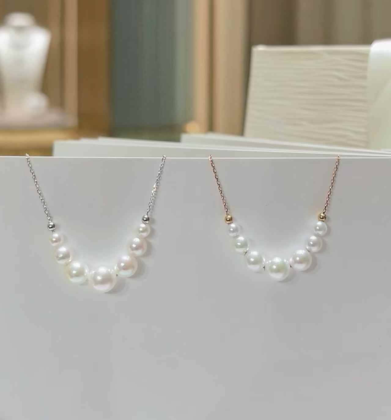 DA  Smile Arc Pearl Necklace, 4-9mm High Luster Freshwater Pearl Choker, Cute Pinkish Pearl "Bulb" Necklace, Elegant Collarbone Jewelry for Women