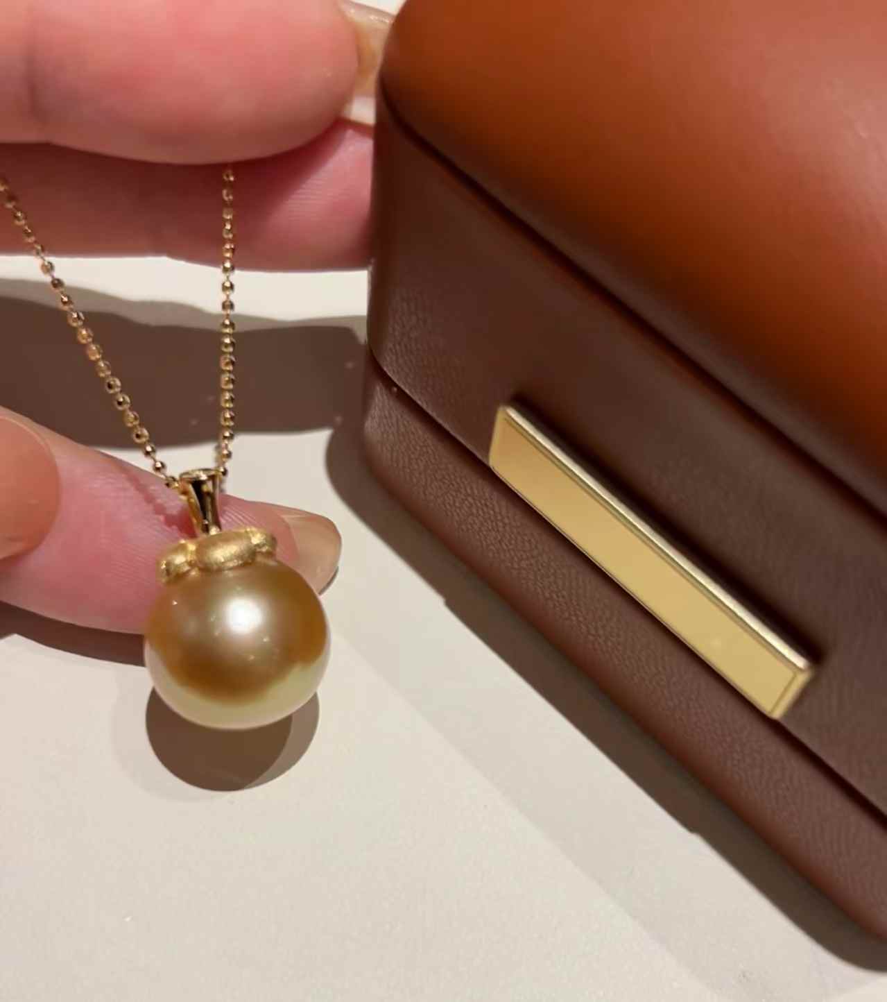 DA. Golden South Sea Pearl Pendant Necklace for Women, 12-14mm Round Pearl Pendant, Lucky Persimmon Design, Elegant Bridal Jewelry Gift