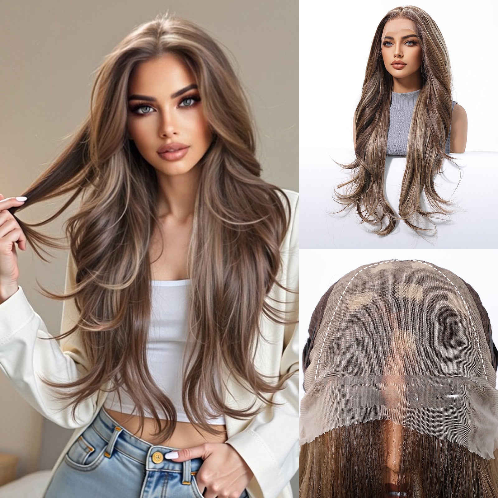LANA-3  Long Layered Wavy Synthetic Wig with Bangs, Ombre Ash Brown Blonde Wig for Women, Heat Resistant Fiber, Natural Looking, Daily & Party Wear