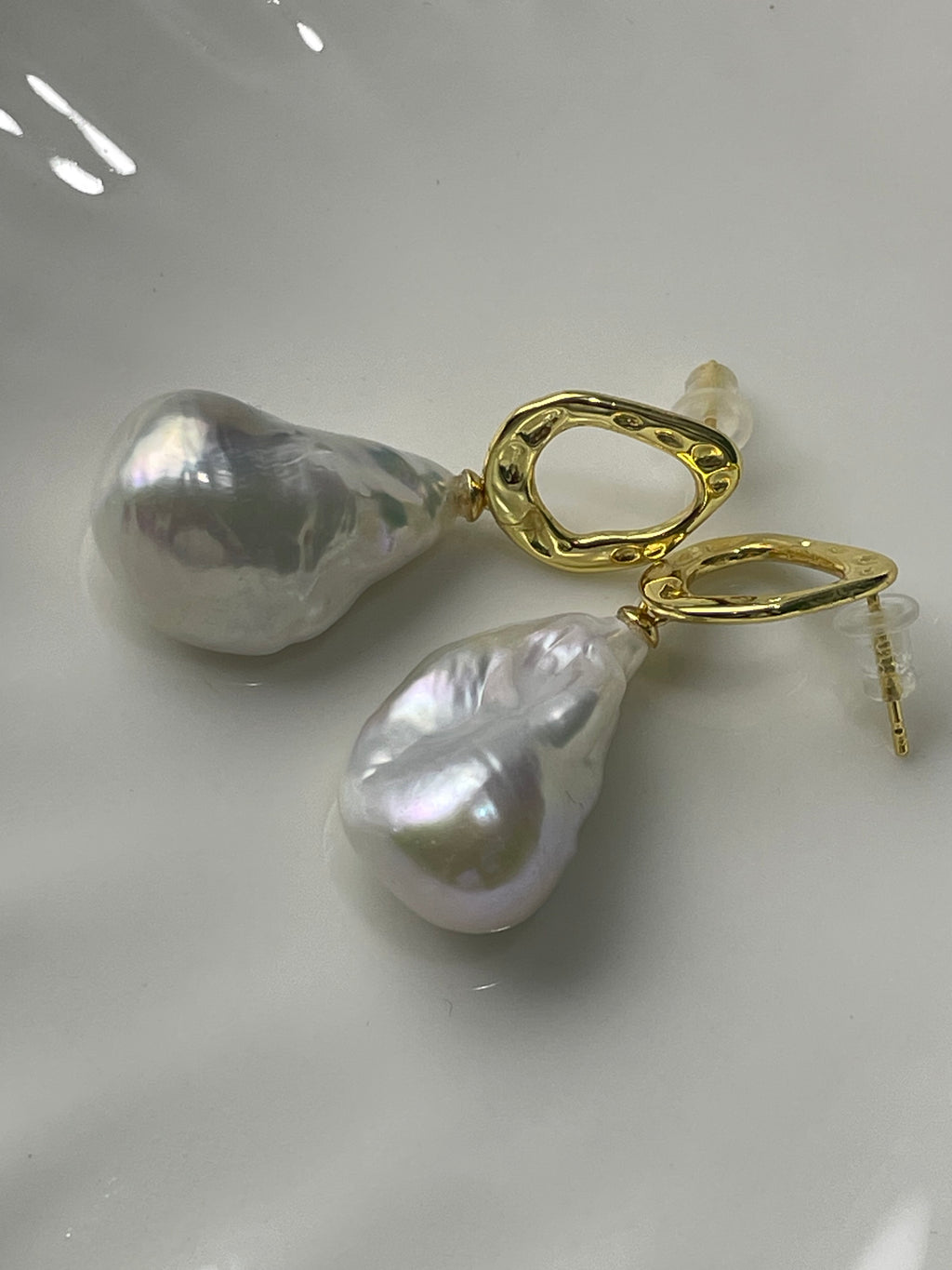 Baroque Earring 1 - Aurora Mirror Freshwater Pearl Drop Earrings Unique Irregular Hammered Alloy Jewelry