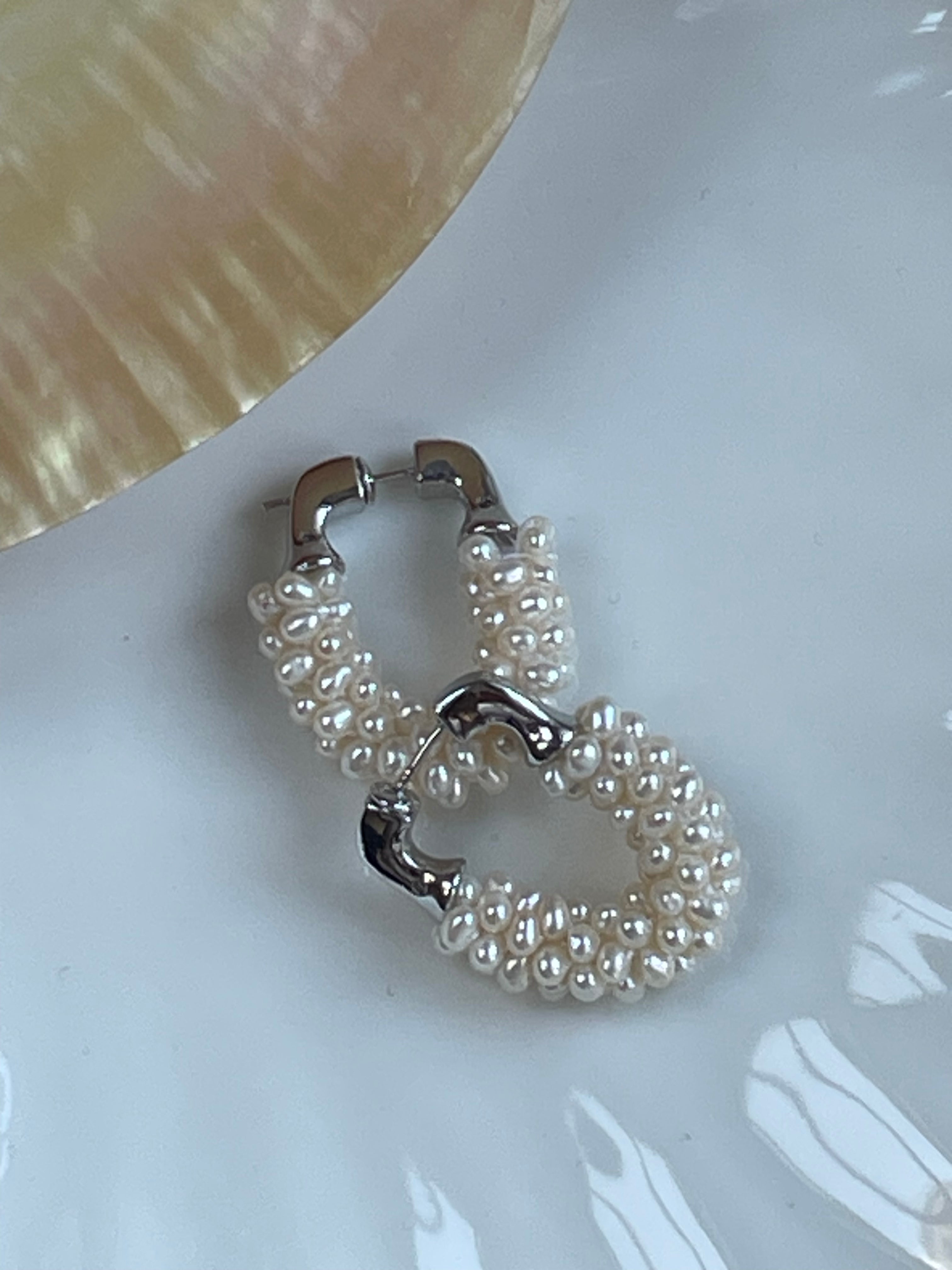 Baroque Earring 7 - Multi-Strand Seed Pearl U-Shaped Hoop Earrings, Silver Tone Modern Stacked Jewelry