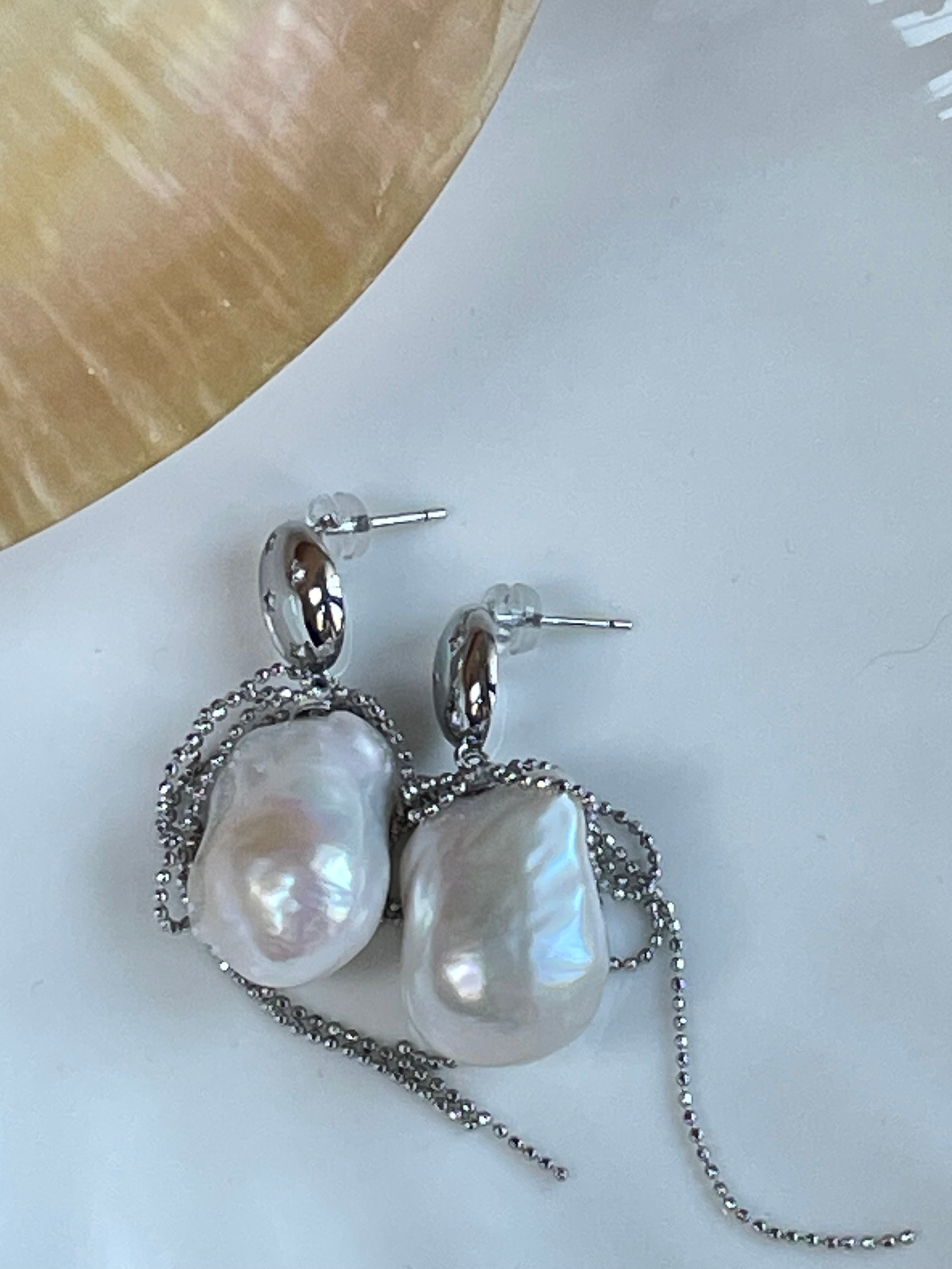 Baroque Earring 3 - Large Aurora Mirror Smooth Freshwater Baroque Pearl Drop Earrings, Silver Tone Tassel Alloy Jewelry