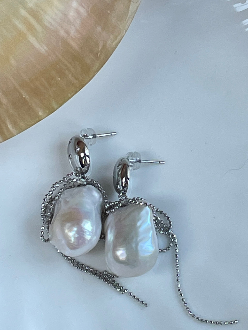 Baroque Earring 3 - Large Aurora Mirror Smooth Freshwater Baroque Pearl Drop Earrings, Silver Tone Tassel Alloy Jewelry