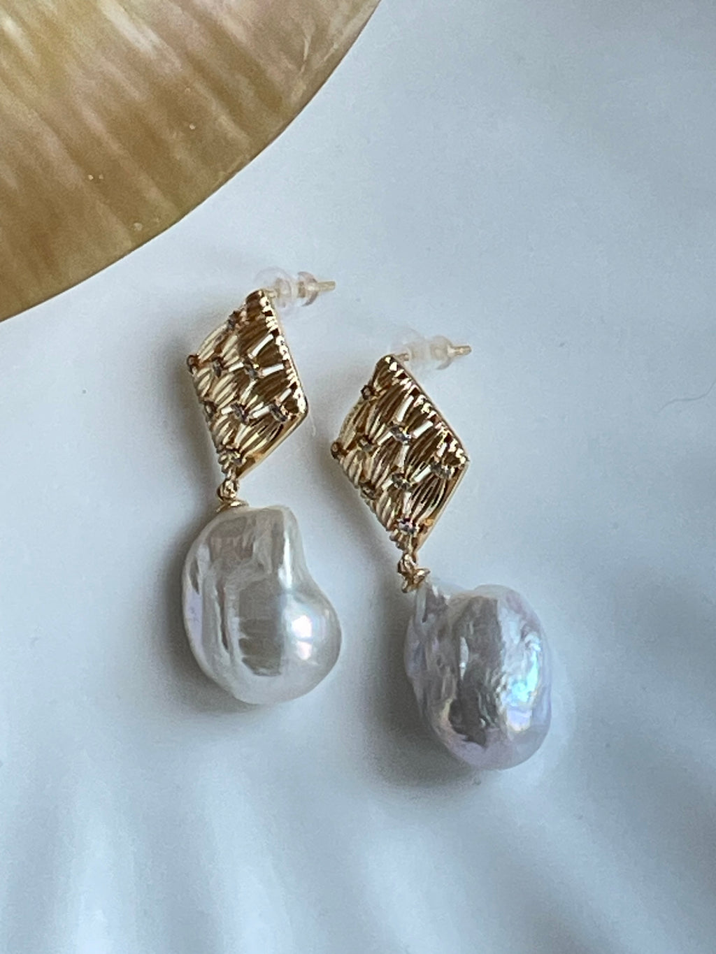 Baroque Earring 2 - Aurora Mirror Freshwater Baroque Pearl Drop Earrings, Unique Irregular CZ Inlaid Alloy Jewelry