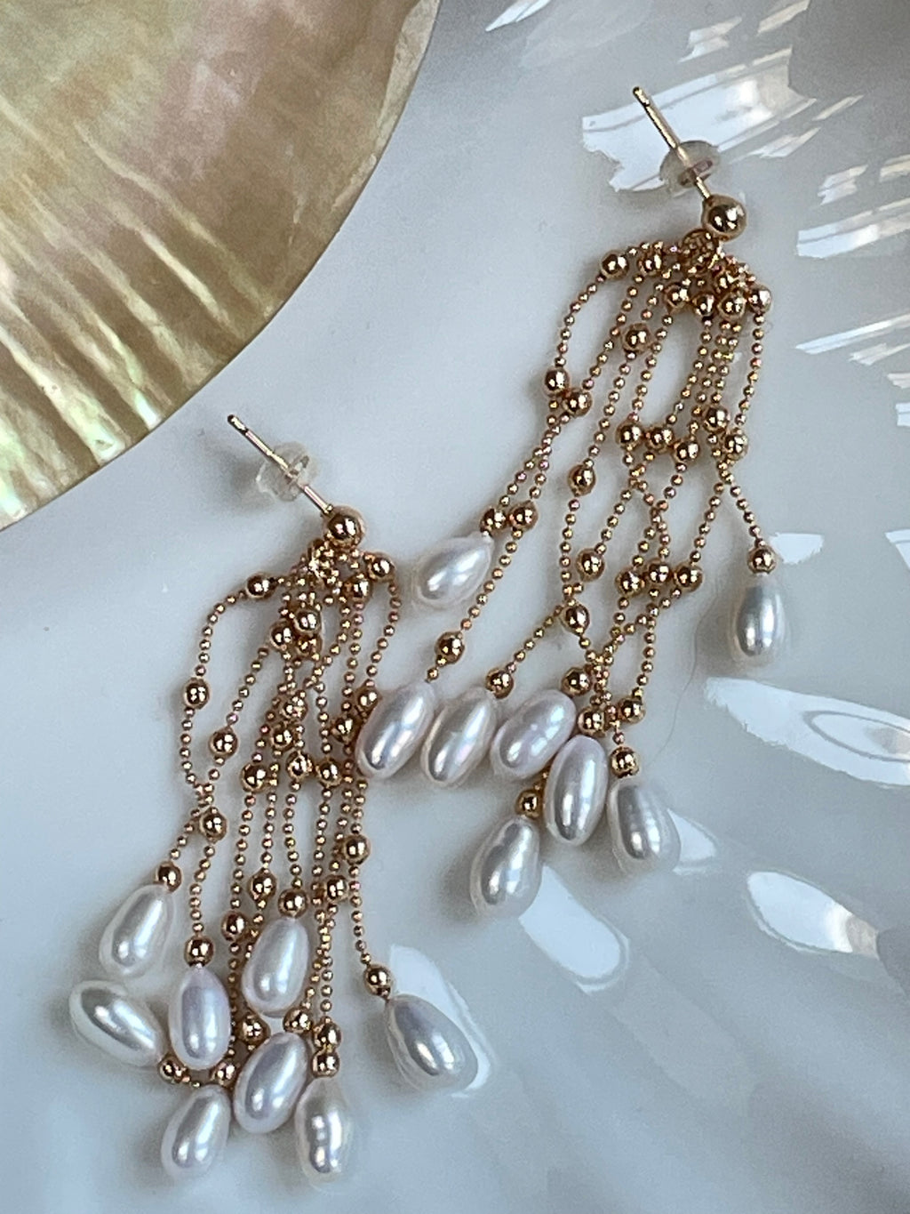 Baroque Earring 6 - 16pcs Baroque Rice Pearl Tassel Drop Earrings, Gold Tone Beaded Chain Jewelry, Dangle & Swing Style