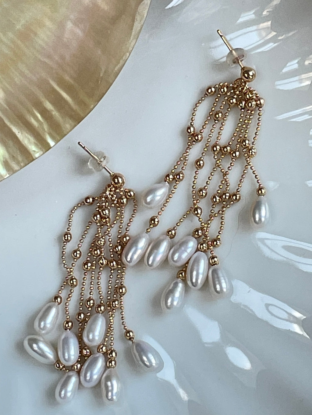 Baroque Earring 6 - 16pcs Baroque Rice Pearl Tassel Drop Earrings, Gold Tone Beaded Chain Jewelry, Dangle & Swing Style