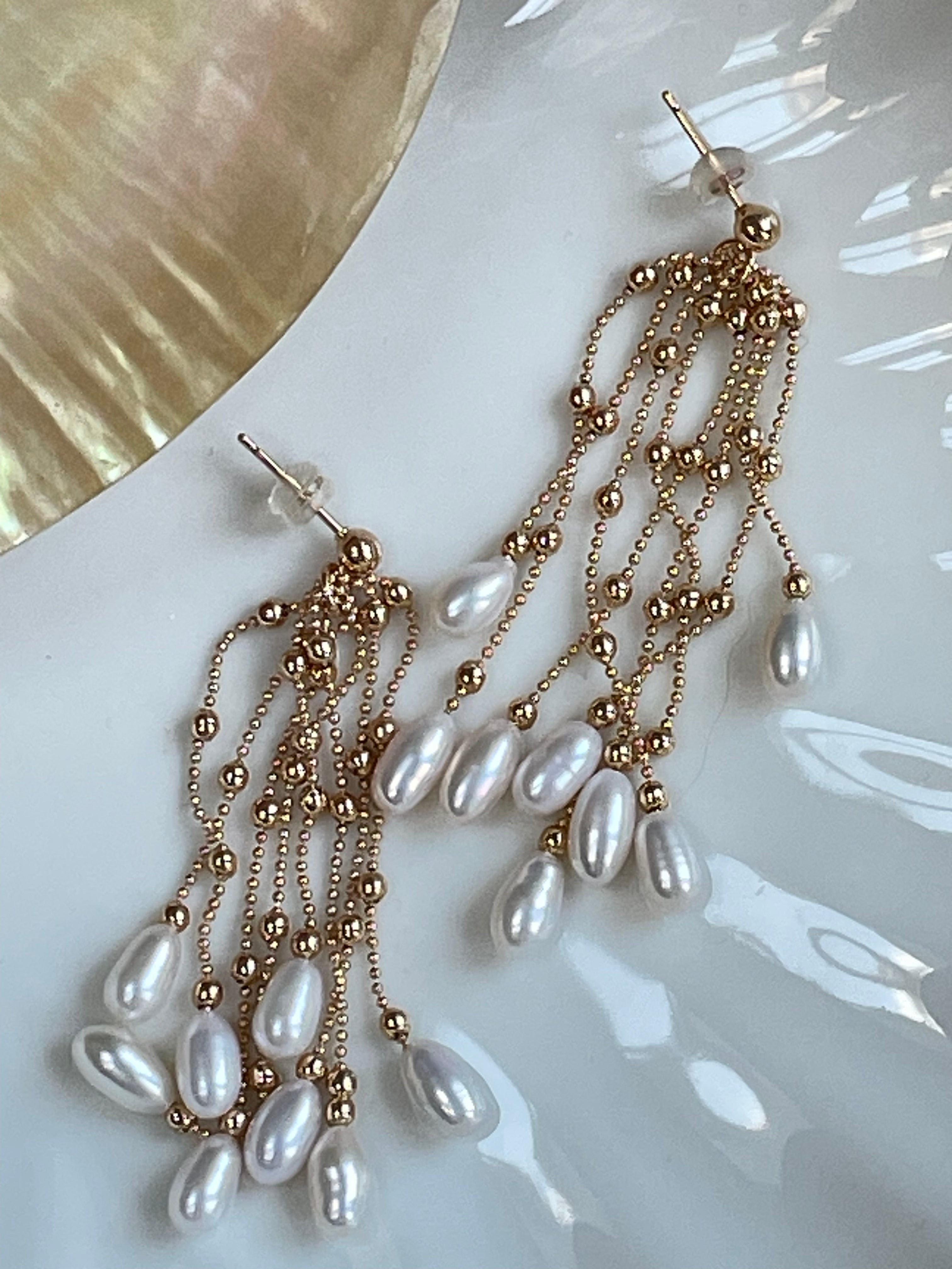 Baroque Earring 6 - 16pcs Baroque Rice Pearl Tassel Drop Earrings, Gold Tone Beaded Chain Jewelry, Dangle & Swing Style