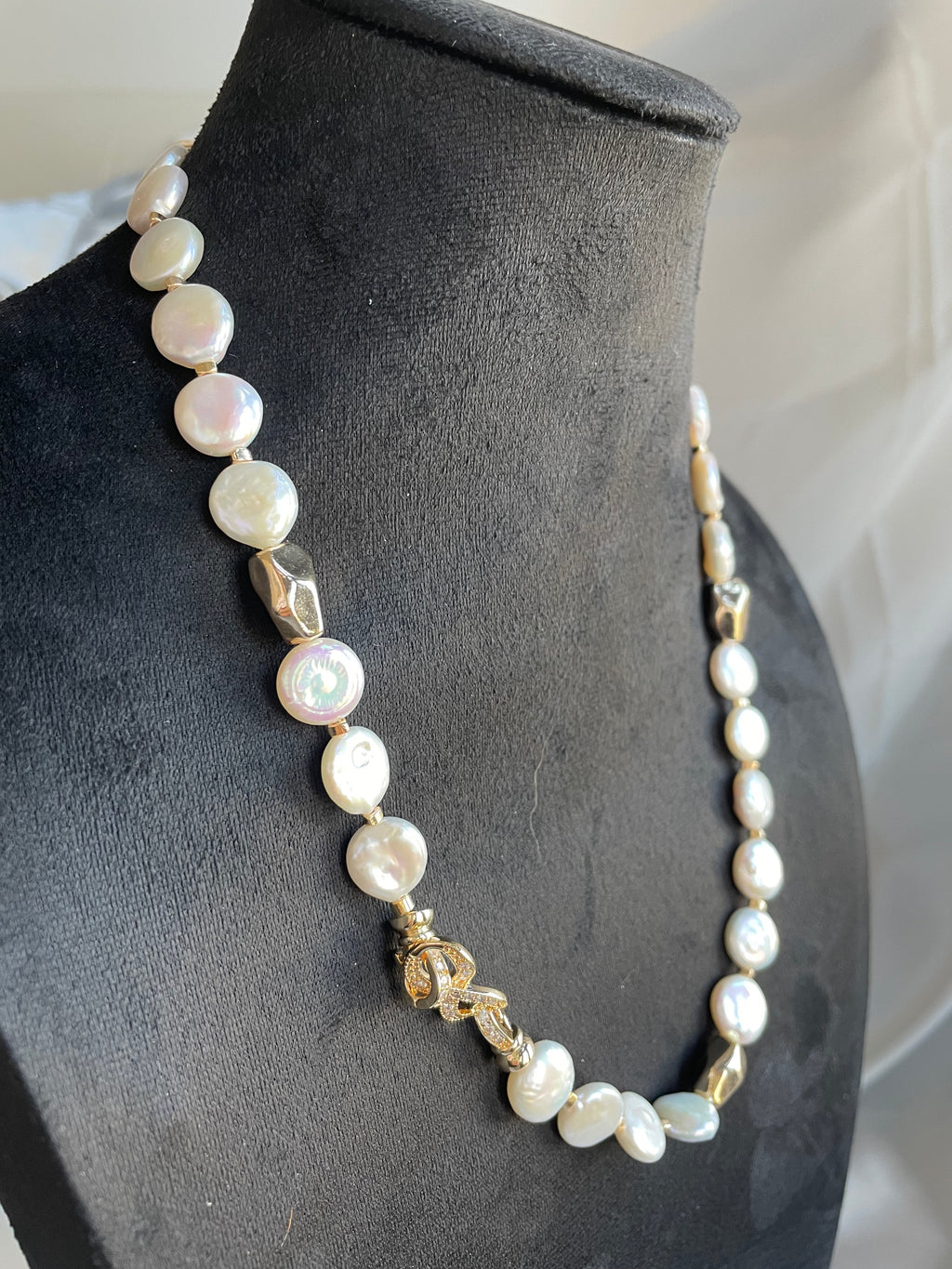 Baroque Necklace 2 - 12mm Premium Aurora Smooth Coin Pearl Necklace, Gold Tone Accent Statement Jewelry