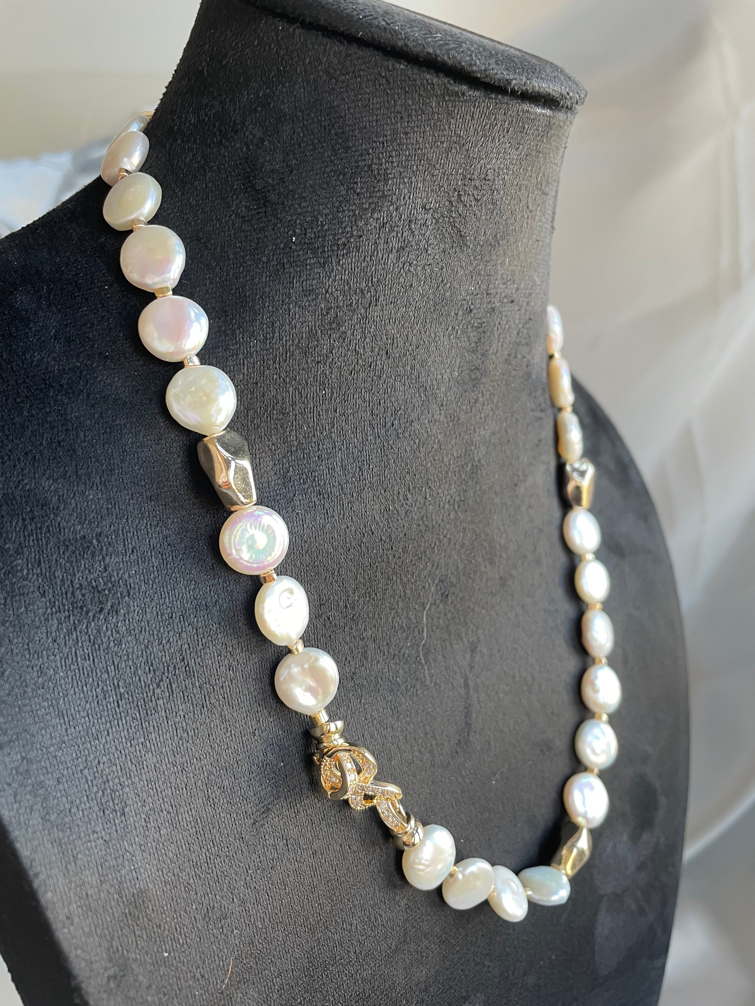 Baroque Necklace 2 - 12mm Premium Aurora Smooth Coin Pearl Necklace, Gold Tone Accent Statement Jewelry