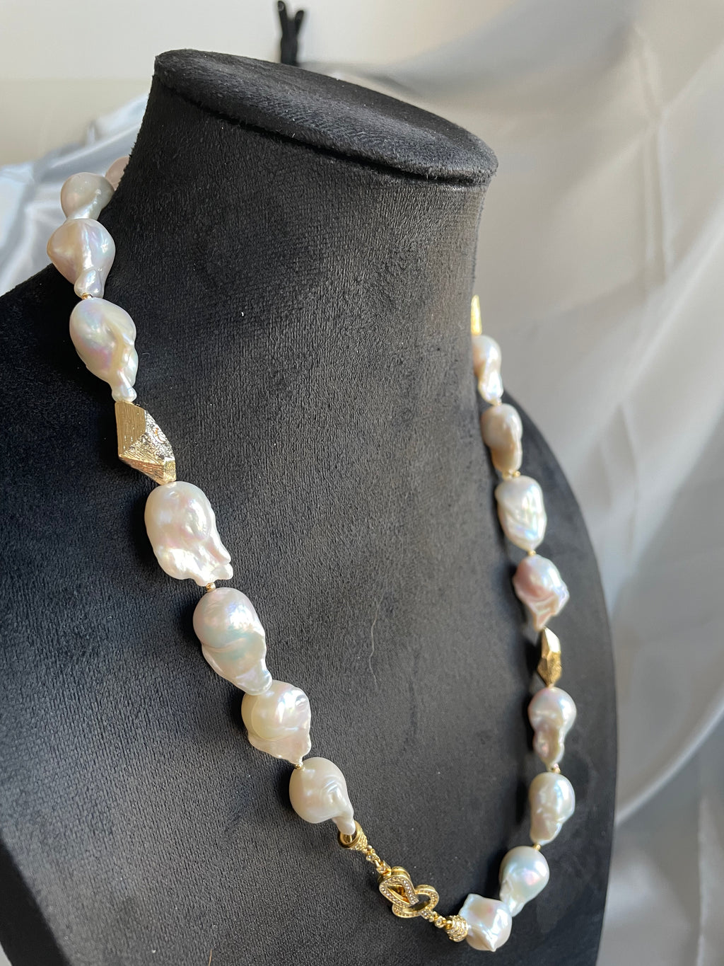 Baroque Necklace 1 - Top Grade Aurora Mirror Smooth Baroque Pearl Necklace, Gold Tone Faceted Statement Jewelry