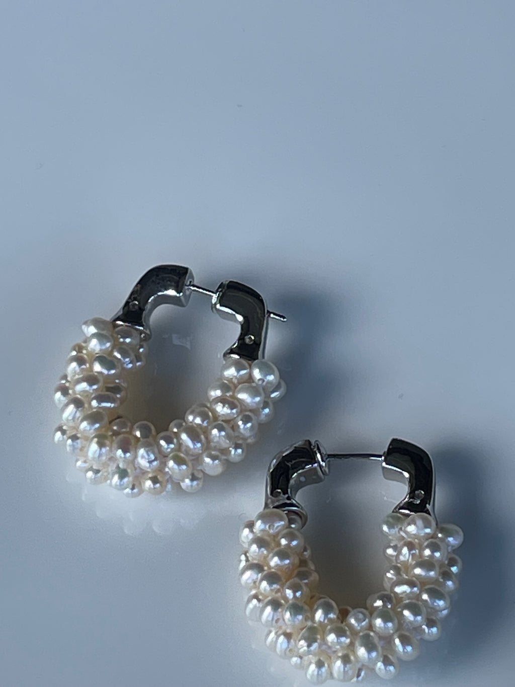 Baroque Earring 7 - Multi-Strand Seed Pearl U-Shaped Hoop Earrings, Silver Tone Modern Stacked Jewelry