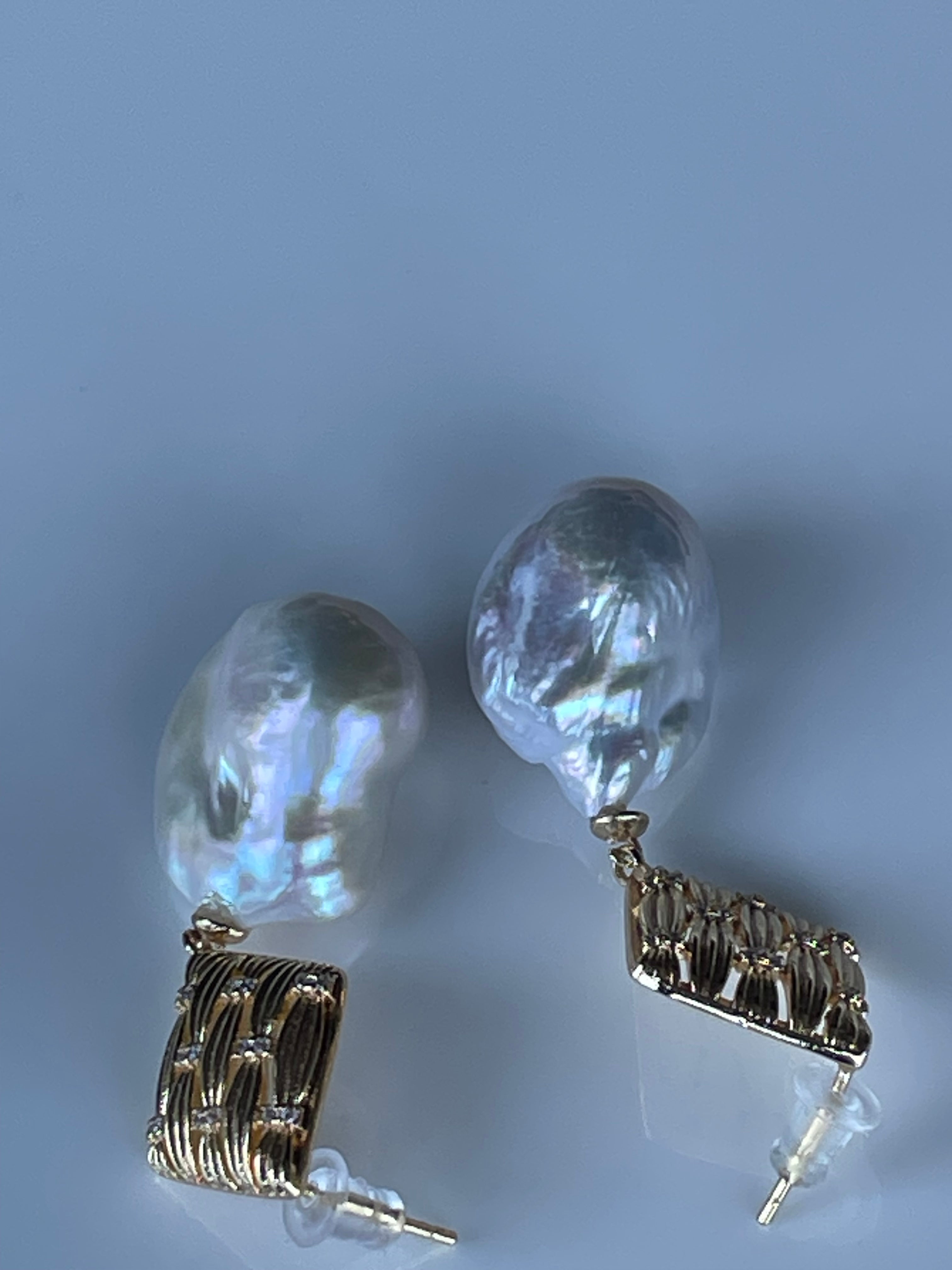 Baroque Earring 2 - Aurora Mirror Freshwater Baroque Pearl Drop Earrings, Unique Irregular CZ Inlaid Alloy Jewelry
