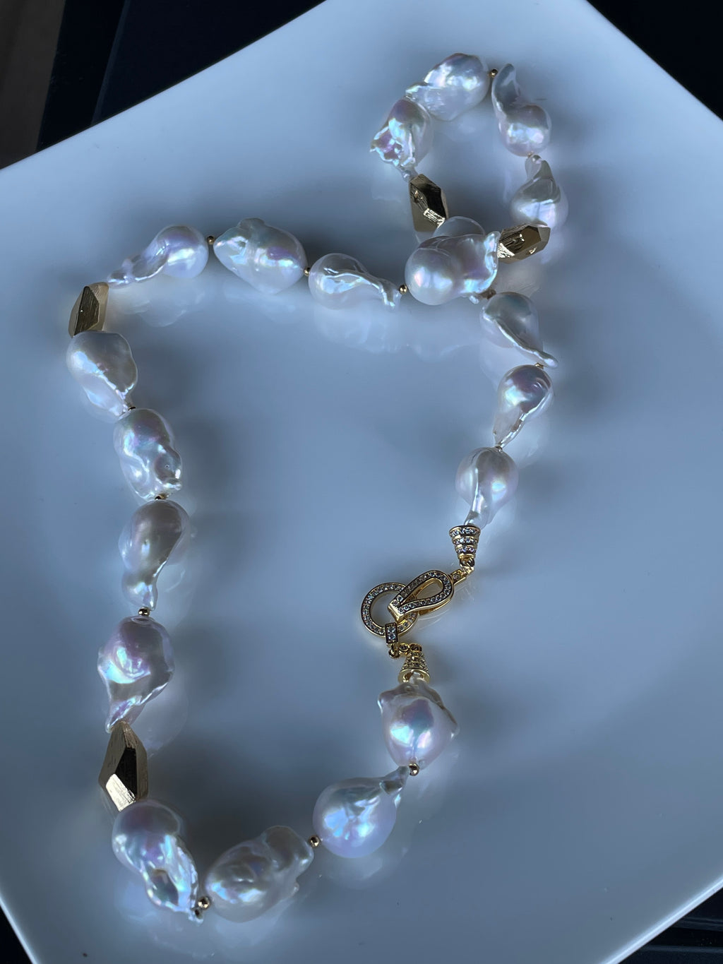 Baroque Necklace 1 - Top Grade Aurora Mirror Smooth Baroque Pearl Necklace, Gold Tone Faceted Statement Jewelry
