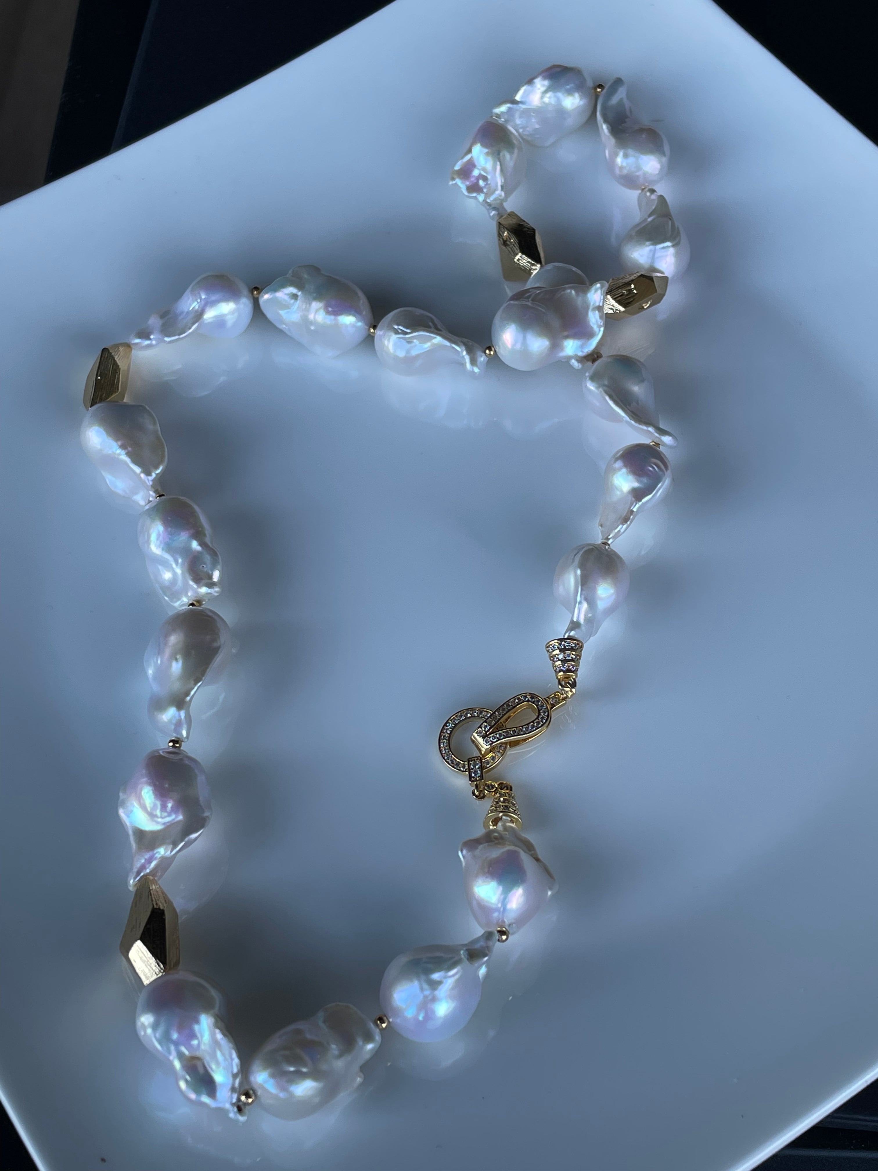 Baroque Necklace 1 - Top Grade Aurora Mirror Smooth Baroque Pearl Necklace, Gold Tone Faceted Statement Jewelry