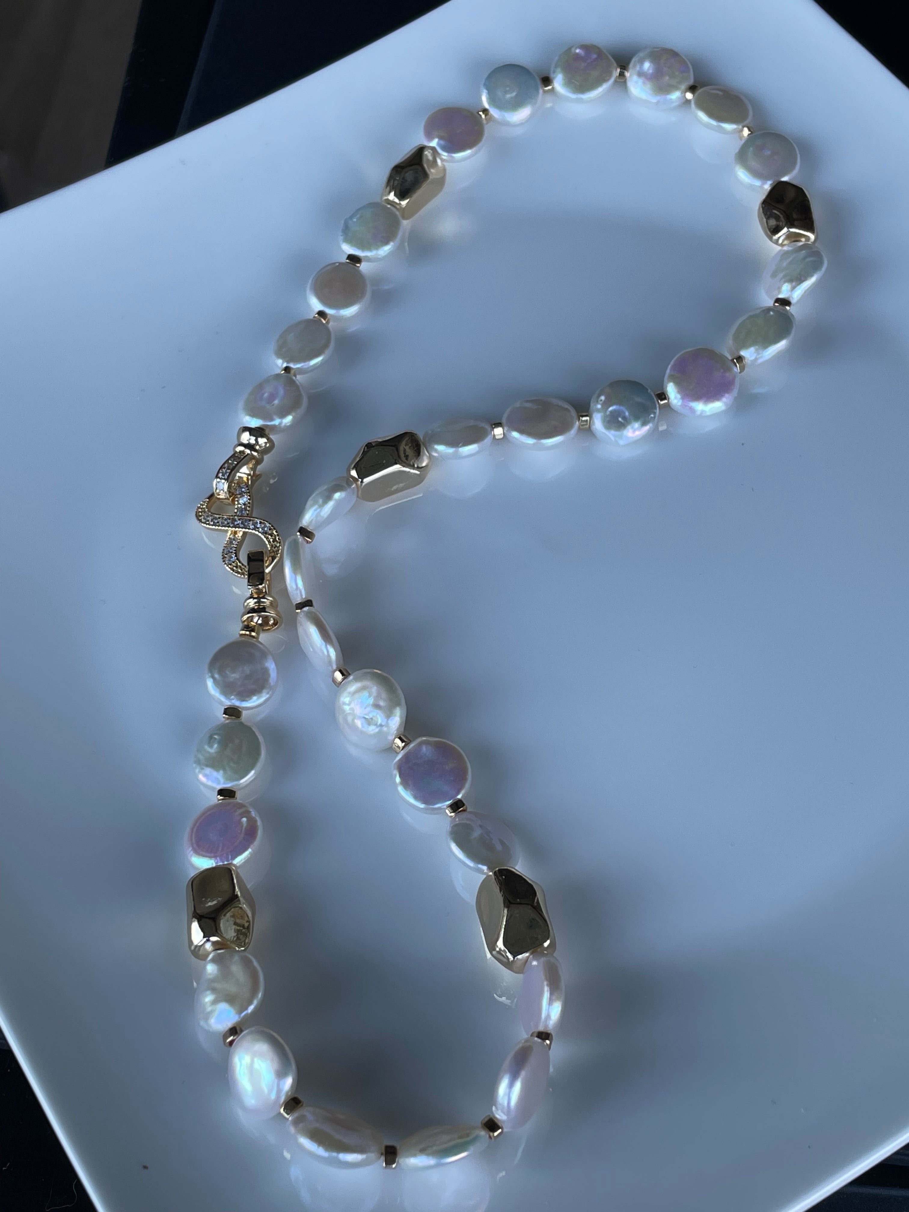 Baroque Necklace 2 - 12mm Premium Aurora Smooth Coin Pearl Necklace, Gold Tone Accent Statement Jewelry