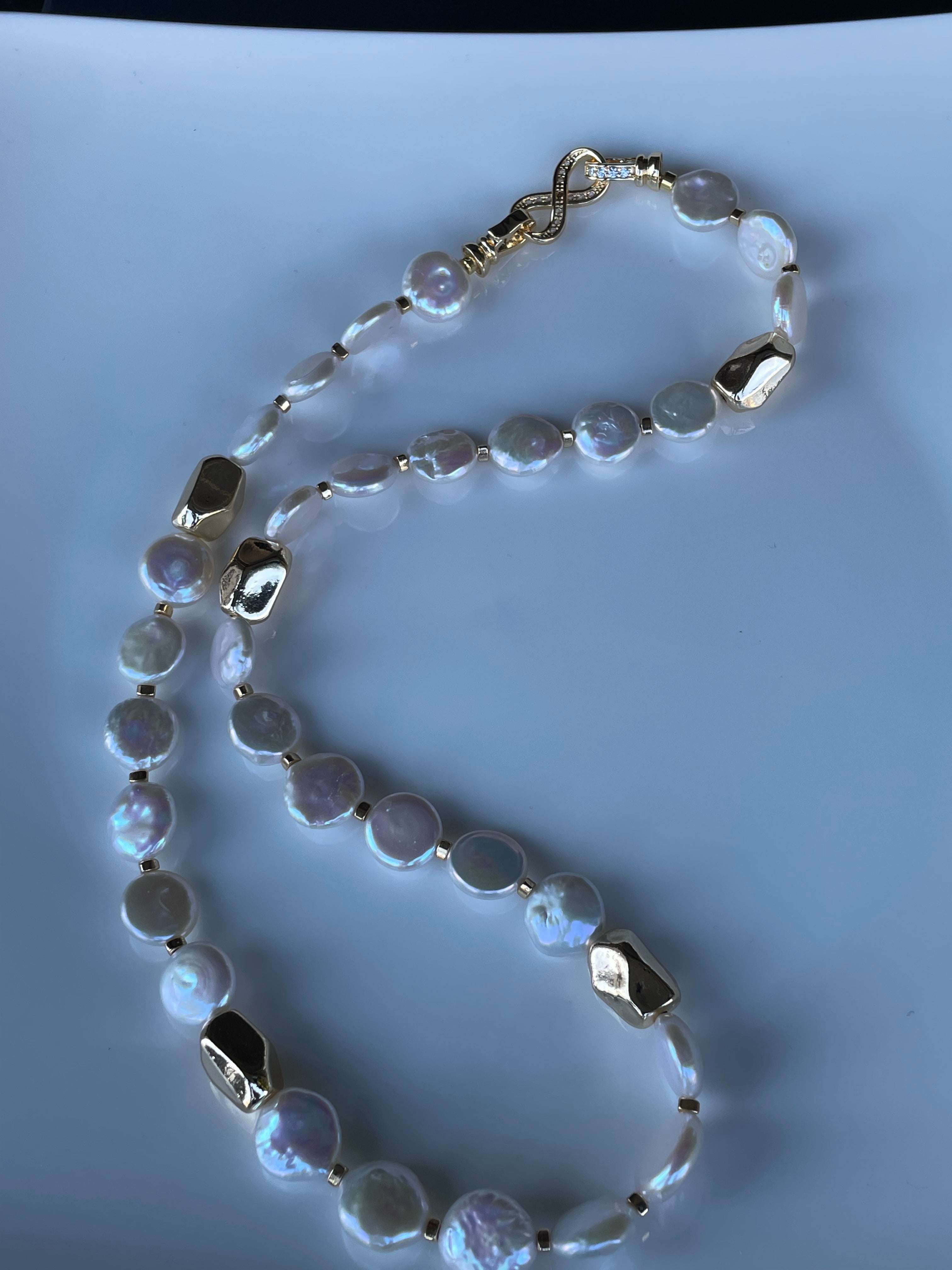 Baroque Necklace 2 - 12mm Premium Aurora Smooth Coin Pearl Necklace, Gold Tone Accent Statement Jewelry